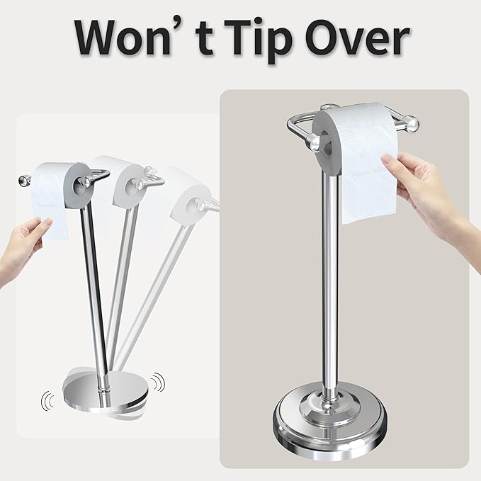 WZRUA Toilet Paper Holder Stand, Toilet Paper Holder Free Standing,Post Pivoting Design & Stable Weighted Base SUS304 Stainless Steel for Bathroom (Chrome)