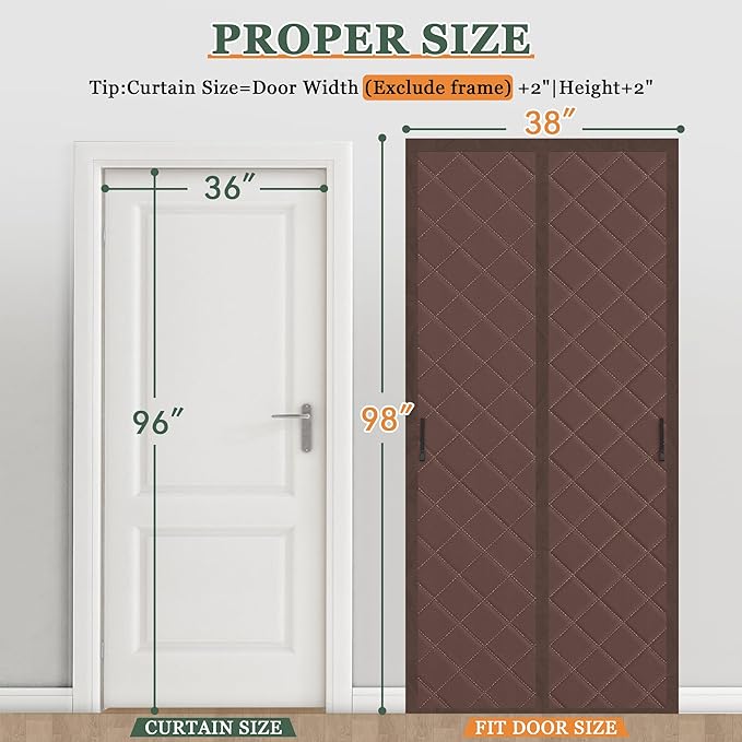 Magnetic Thermal Insulated Door Curtain, Fits 36'' x 96'' Doors(Curtain Size 38'' x 98''), Weatherproof Oxford with Cotton-Fill Insulation Door Cover for Winter, Keep Warm, Brown