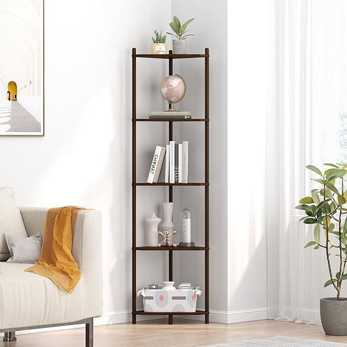 Wisuce Corner Shelf Stand - 5 Tier Walnut Bamboo Small Corner Bookshelf for Office Kitchen Bedroom Plant Stand Living Room Decor Small Space