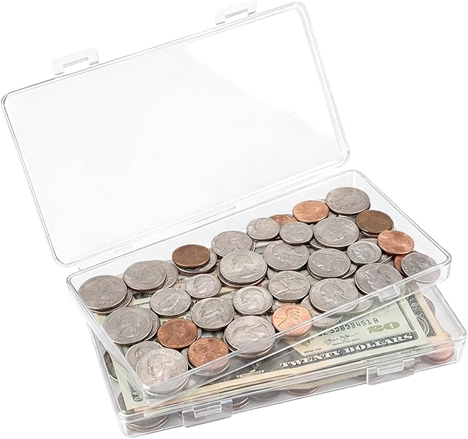 2PCS Small Clear Plastic Storage Box, 6.4‘’ X 3.4‘’ X 0.6‘’ Ultra-Slim Organizer Case for Business Cards, Money, Jewelry & Crafts, Transparent Rectangle Hinged Container for Collecting Mini Item