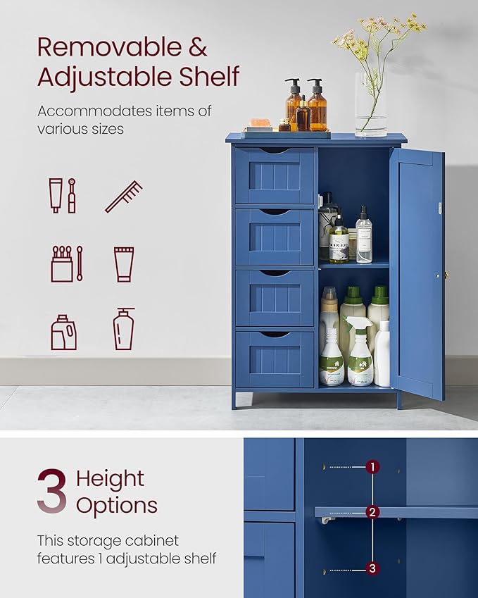 VASAGLE Storage Cabinet with Drawers, Freestanding Floor Cabinet with Door, 11.8 x 21.7 x 32.3 Inches, Adjustable Shelf, for Bathroom, Living Room, Kitchen, Bijou Blue ULHC041QE01S