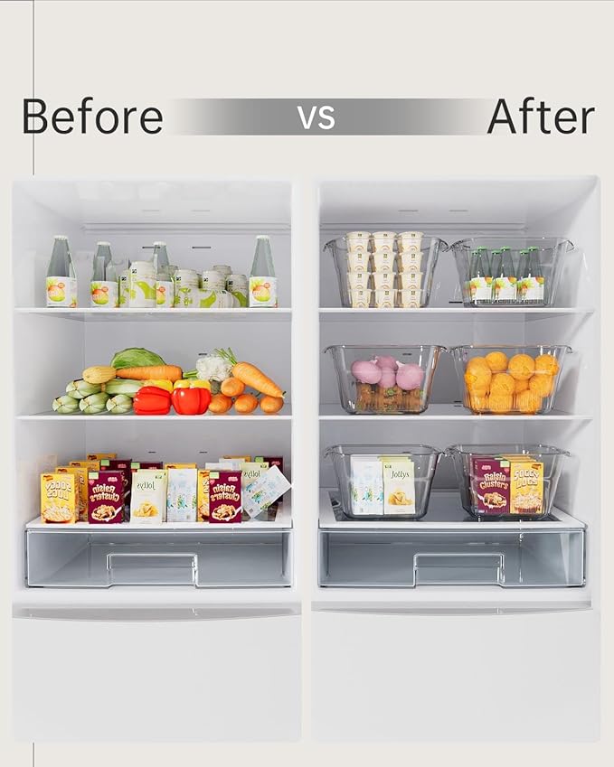 5 Pack PET Fridge Storage Bins with Bamboo Cutting Board | BPA Free Plastic Containers with Handles for Fridge and Freezer Organization