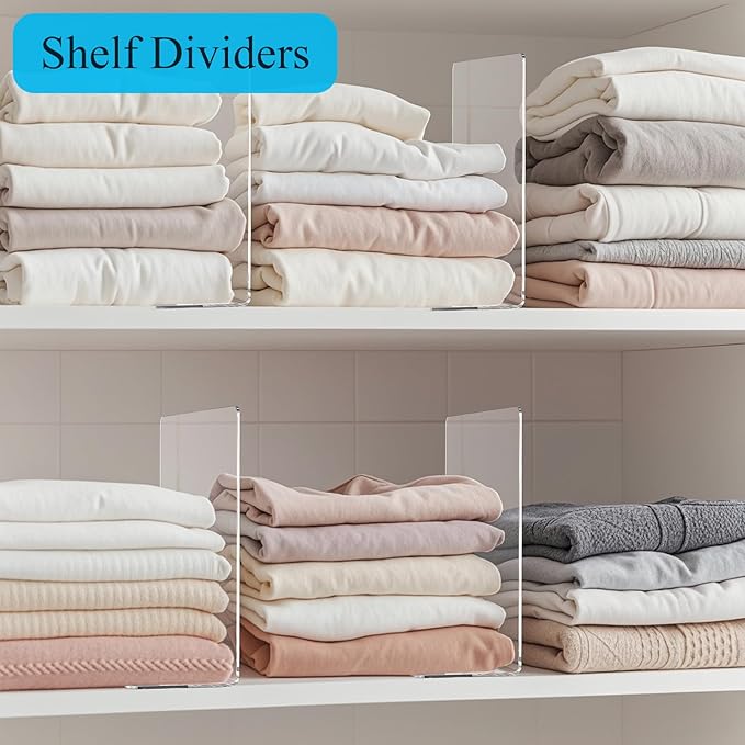 Lebouri Shelf Dividers for Closet Organization: Acrylic Shelf Dividers for Clothes Sweater Purse - Clear Closet Organizers and Storage Separators for Shelves, 8Pack