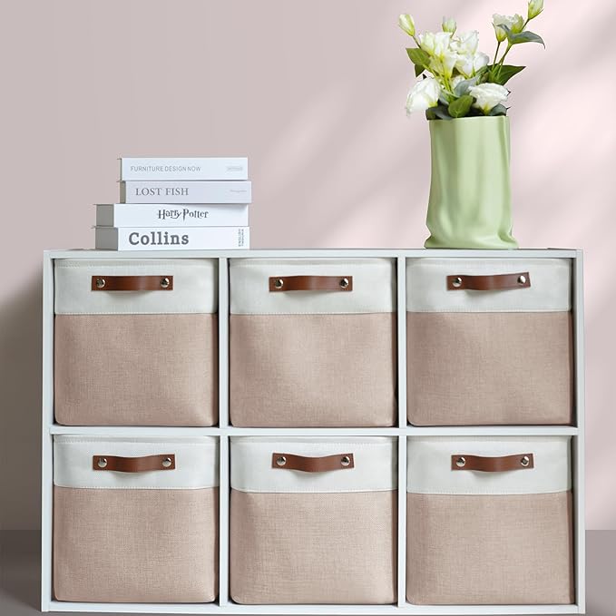 6-Pack Foldable Fabric Storage Cubes 11x11 Inch, Sturdy Cube Organizer Bins with Leather Handles, Storage Baskets for Closet Shelves and Home Organization(White/Pink)
