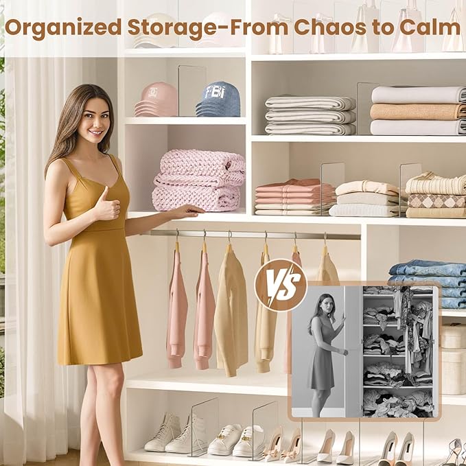 Purse Organizer for Closet Shelf Dividers: 4 Pack Acrylic Clear T-shaped Vertical Shelves Separators - Durable Space Saver Easy to Install - Bag Storage Organizer for Handbags, Clothes, Sweater, Towel