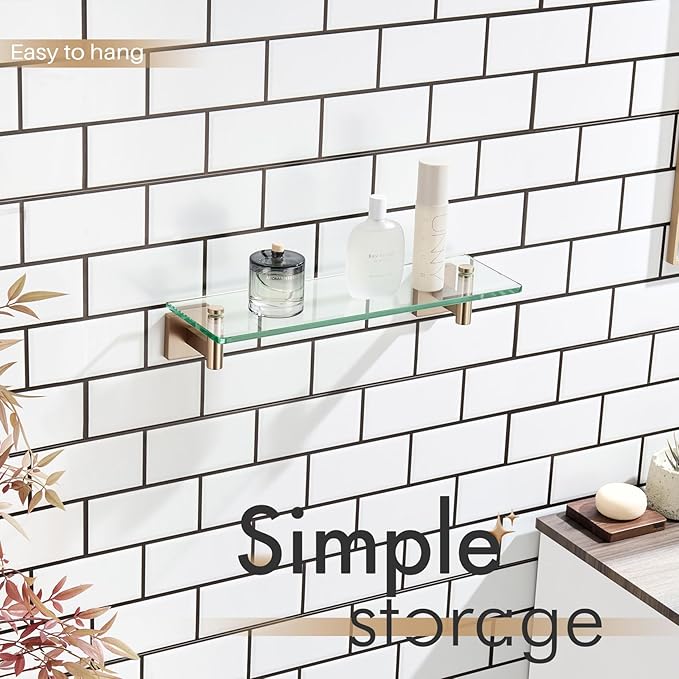 KOKOSIRI Wall Shelves Bathroom Hardware Glass Floating Shelf 16-Inch for Bedroom, Living Room, Kitchen, Hanging Rack Champagne Bronze B1105CPG-L16