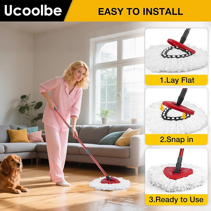 Spin Mop Replacement Heads Compatible with Ocedar EasyWring 1-Tank System, Duster Mop Head for Ocedar, 6 Pack Spin Mop Refills, 2 Pack Chenille Mop Pads, 1 Mop Base for deep Cleaning