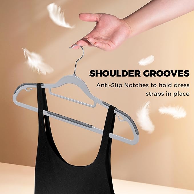 Quality Clothes Hangers 50 Pack - Non-Velvet Plastic Hangers for Clothes - Heavy Duty Coat Hanger Set - Space-Saving Closet Hangers with Gray Swivel Hooks - Functional Non-Flocked
