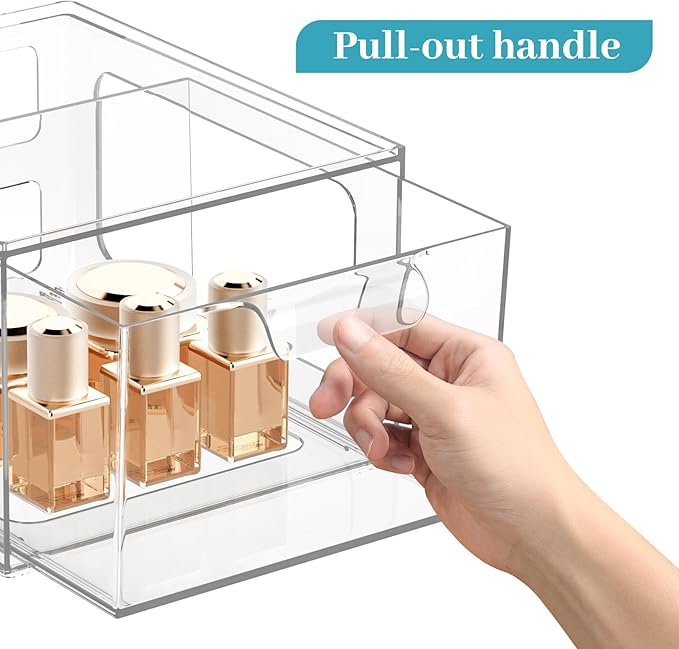 2 Pack Stackable Plastic Makeup Organizer Drawers, Acrylic Organizers, Clear Storage Bins with Pull-Out Handles for Vanity, Kitchen Cabinets, Pantry
