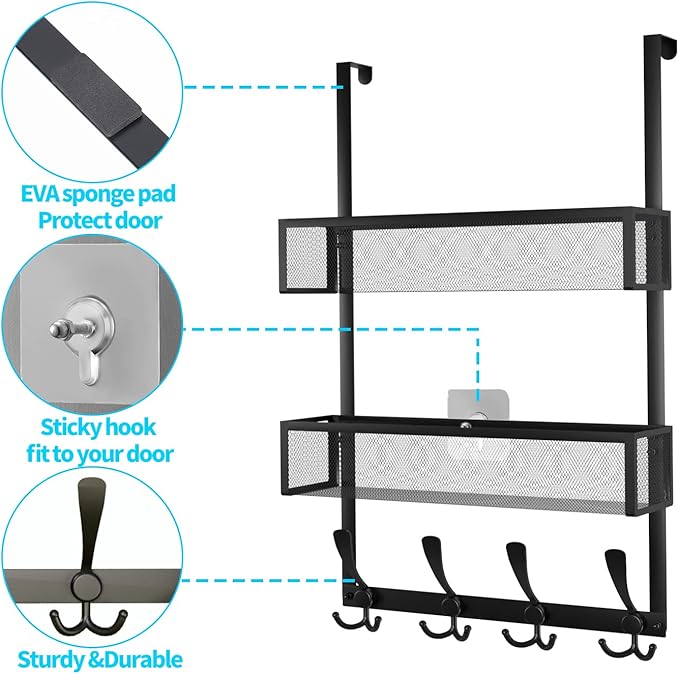 Kaiferty Over The Door Hooks Organizer,Coat Rack with 12 Hooks and 2 Mesh Baskets,Back of Door Storage Organizer for Bathroom,Bedroom,Kitchen,Office(Black)