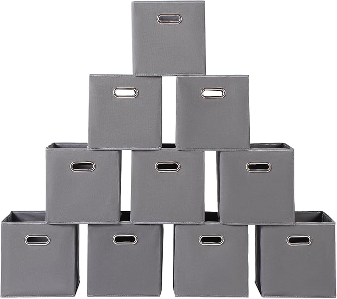 Fabric storage bins Cubes, Fabric Cube Organizer with Handle, Foldable Cube Bins for Cloth or Accessary Storage, 11x11x11, Set of 10, (Gray)