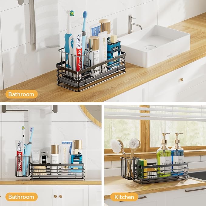 Yofidra Kitchen Sink Caddy Sponge Holder - 304 Stainless Steel Sink Organizer with Diatomite Quick-Dry Base, 3 Compartments Caddy Organizer, Detachable Brush Rack, 9.2" x 3.9" x 4.4"