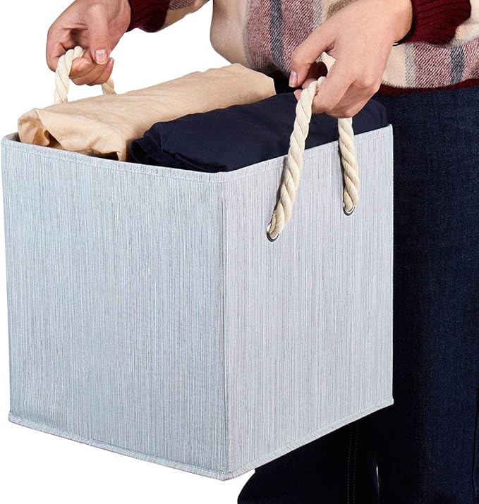 i BKGOO Foldable Storage Cube Bins Grey Bamboo Fabric Collapsible Resistant Basket Box Organizer with Cotton Rope Handle for Home Office and Nursery 10.5x10.5x11 inch