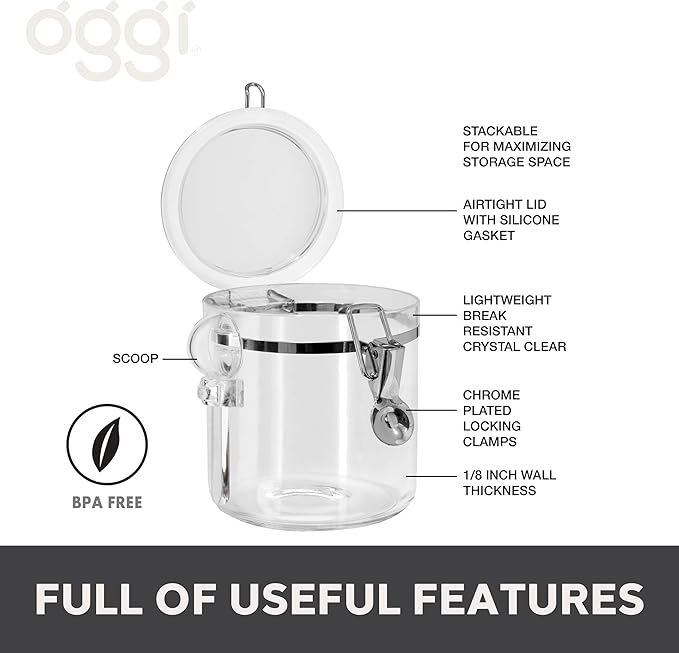 Oggi 4pc Clear Canister Set with Clamp Lids Airtight Containers in Sizes Ideal for Kitchen & Pantry Storage of Bulk, Dry Foods Including Flour, Sugar, Coffee, Rice, Tea, Spices & Herbs (Pack of 3)