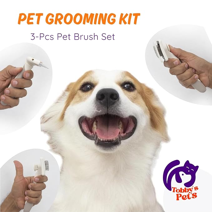 Tobby’s Pets Pet Grooming Kit – 3-Piece Dog & Cat Brush Set with Dematting Tool, Deshedding Brush & Self-Cleaning Slicker Brush – Professional Grooming for Long-Haired Dogs, Double Coats & Cats