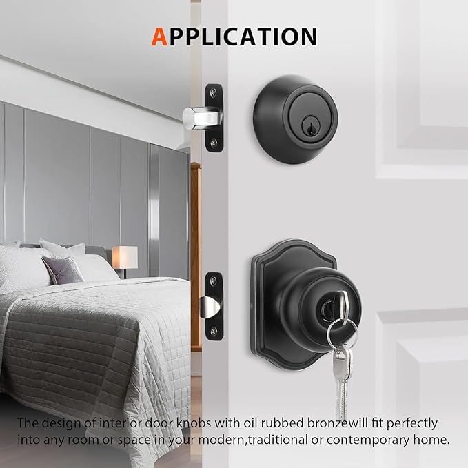 Haidms Black Exterior Deadbolt and Keyed Entry Door Knob Set, 2 Pack with Lock and Key