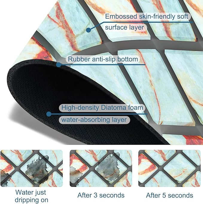 Rendering Marble Kitchen Sink Splash Guard Faucet Mat Blue Wall Tiles Super Absorbent Fast Drying Mat Sink Splash Guard Behind Faucet for Kitchen Bathroom, 23.5"x5.5"