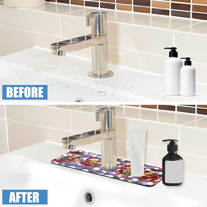 Chrismas Sink Splash Guard Faucet Mat Cute Christmas Absorbent Fast Drying Mat Sink Gadgets Splash Guard Behind Faucet Drip Catcher for Kitchen Bathroom 15.5"X5.5"