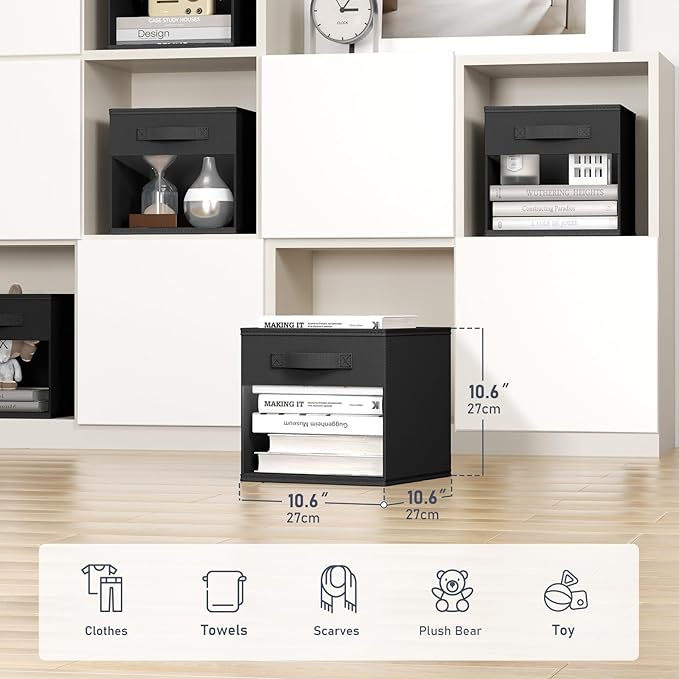 DIMJ Cube Bins, 6 Packs Fabric Storage Cubes with Clear Window, Storage Bins with Handles, Storage Baskets for Organizing Living Room, Bedroom, Office, Black