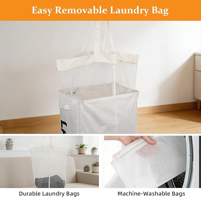 90L Laundry Basket with Wheels, Laundry Hamper with Removable Wash Bag, Rolling Clothes Hamper, Foldable Dirty Clothes Basket on wheels for Bedroom, Dorm, Laundry Room, White