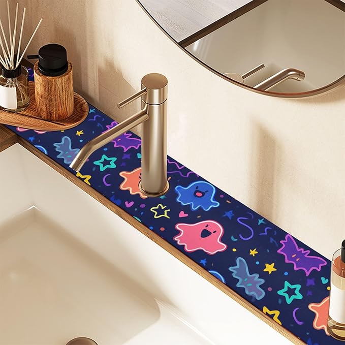Kitchen Sink Splash Guard 1 PC 14.7 Inch Sink Faucet Mat Splash Guard for Bathroom Countertop Water Absorbent Foldable Cuttable Soft Washable Halloween Neon Ghosts Stars and Bats