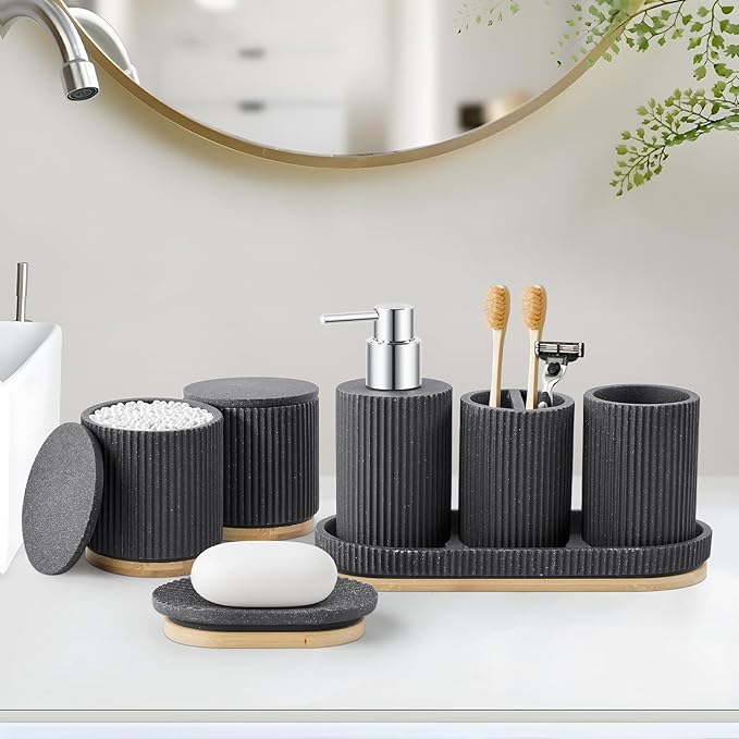 7PCS Bathroom Accessories Set, with Soap Dispenser, Q-tip Holder, Toothbrush Holder, Tumbler, Soap Dish, Vanity Tray, Complete Bathroom Accessory Set Organizer Countertop for Modern Home Decor, Black