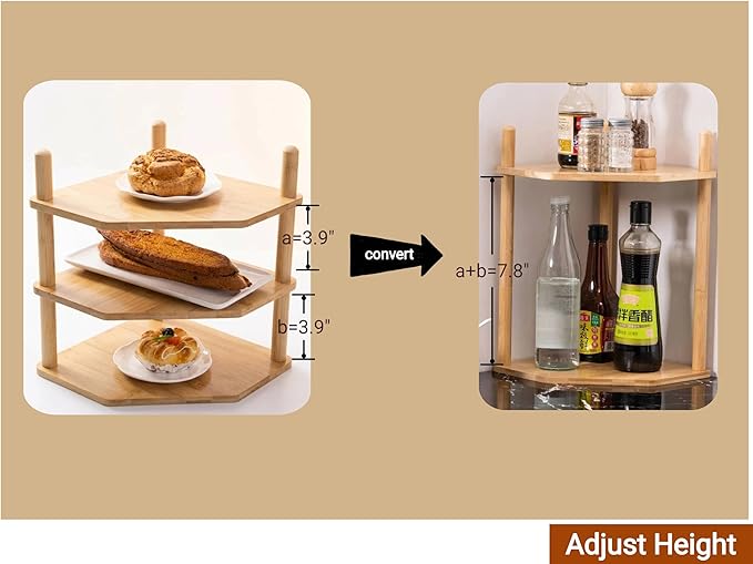 3 Tier Expandable Bamboo Corner Shelf - Dish/Plate Organizer for Cabinet, Kitchen Counter Shelf & Small Kitchen Shelf, Adjustable (1, 3Tier-3.9" H)