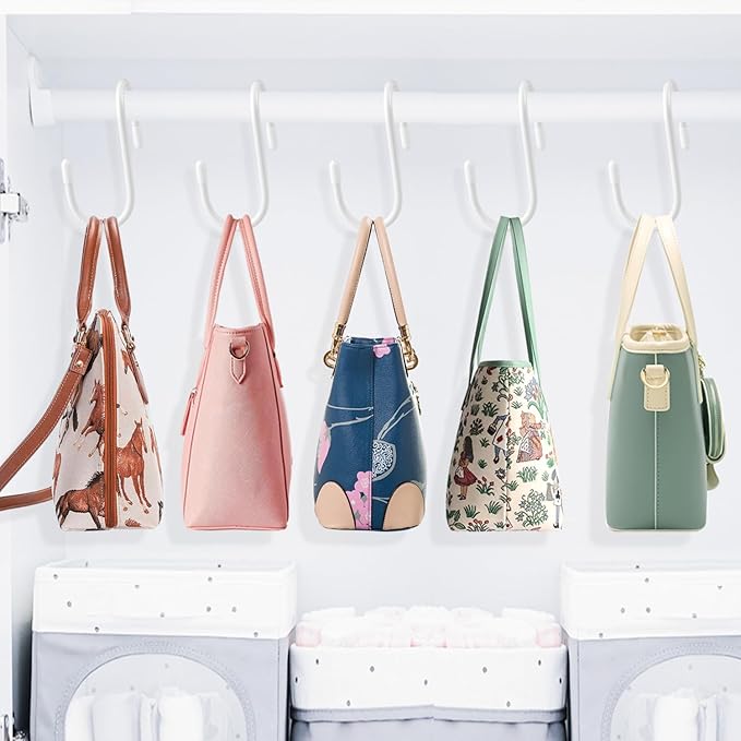 HiGift 12 Pack Purse Hanger for Closet, Unique Twist Design White Vinyl Coated Bag Hooks Organizer hanging, Large Closet Hooks Purse Organizer Holder for Hanging Purses,Handbag,Belt,Hat,Backpack,Jeans
