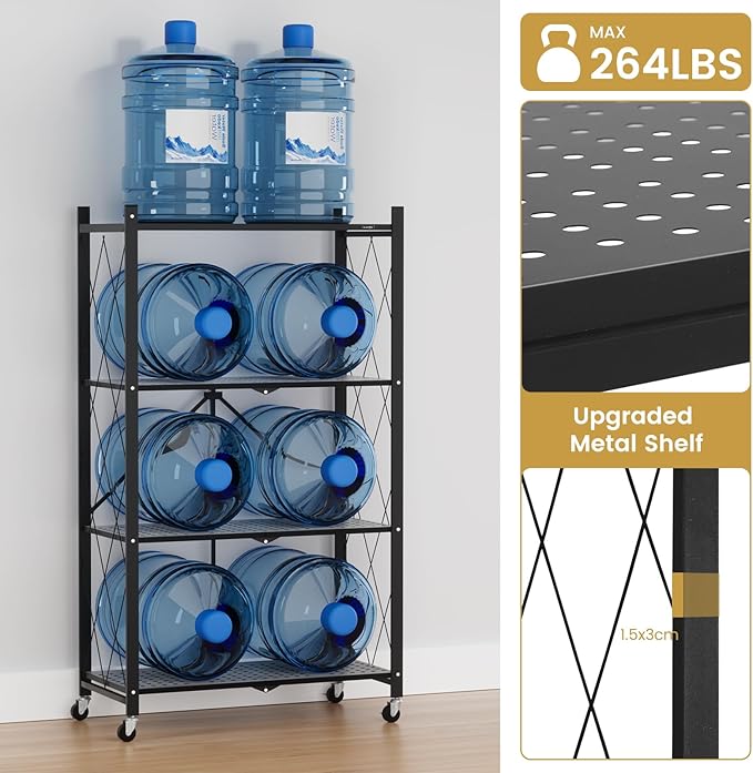 ALANNG Heavy Duty 4-Tier Folding Shelf with Wheels, No Tools Assembly Metal Storage Rack Cart, 264LBS Capacity for Kitchen, Pantry, Laundry Room, Garage, (Black, 2PACK)