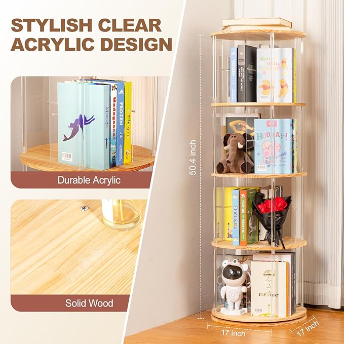 360° Rotating Bookshelf, 4-Tier Spinning Book Shelf Tower with Solid Wood & Clear Acrylic, Round Revolving Bookcase for Living Room, Bedroom and Office