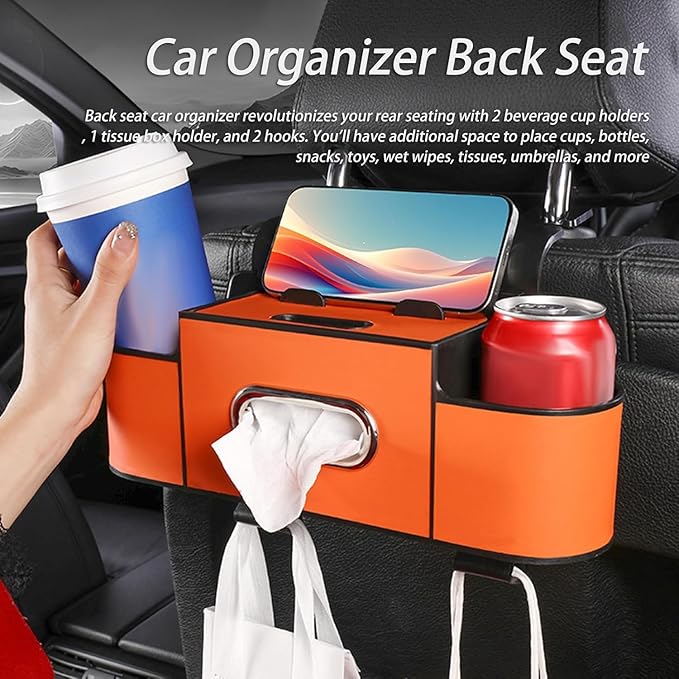 Car Organizers and Storage Box, Car Organizers and Storage Box Behind Set, 4 in 1 Multifunctional Cars Organizer and Storage Back Seat for Hold Phone, Drinks, Handbag, Universal Fit (Brown*1)