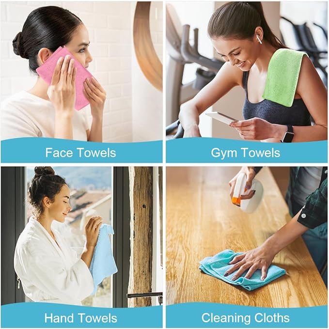Orighty Washcloths Towels Set 10 Pack, Highly Absorbent and Soft Feel Microfiber Face Cloths, Multi-Purpose Wash Cloths & Hand Towels for Bathroom, Hotel, Spa, and Gym, 11.5x11.5 Inch, Multicolor