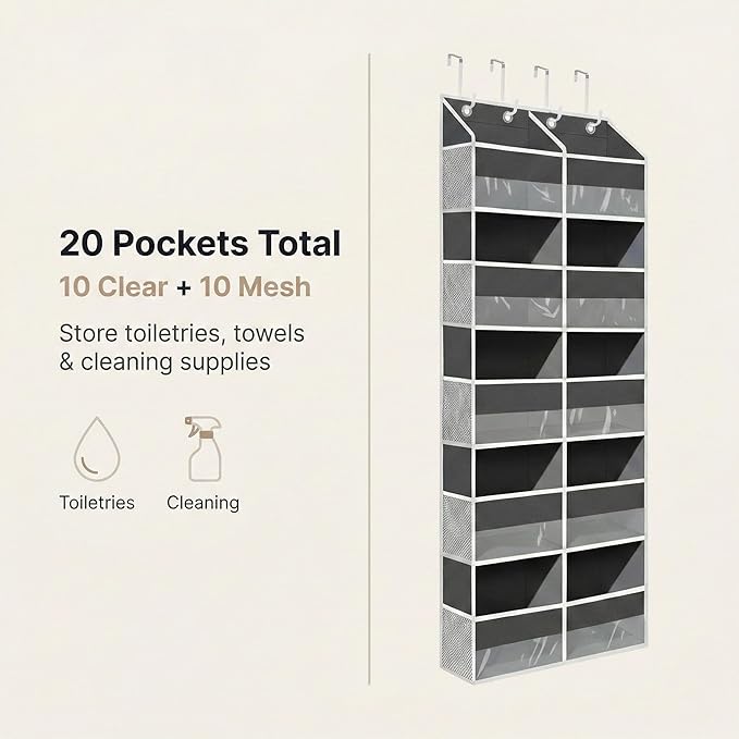 10-Pocket Over the Door Organizer with Heavy-Duty 600D Oxford Fabric, Upgraded Hooks with Silicone Protectors for Dorm, Closet Storage, Bedroom, Bathroom