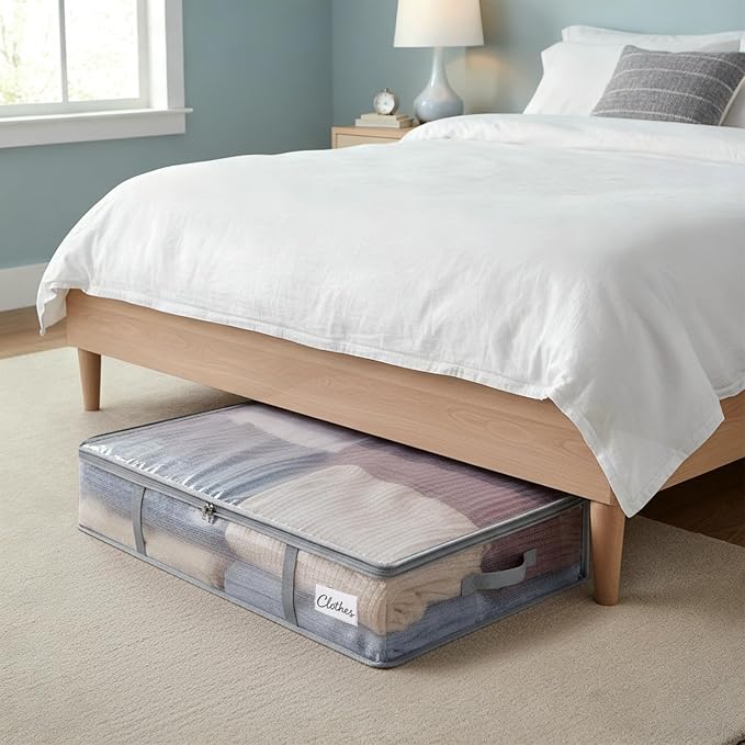 Fixwal 4pcs 90L Under Bed Storage Containers Bins Clear Closet Underbed Organizers and Storage for Blanket, Clothing, Sweaters, Pillows, Linen Sheets with Sturdy Handle and Zippers