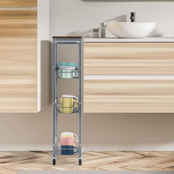 NANANARDOSO 4-Tier Slim Rolling Cart with Wood Top, Narrow Storage Organizer with Wheels & Handle for Kitchen Bathroom Laundry Room, Black, Silver.
