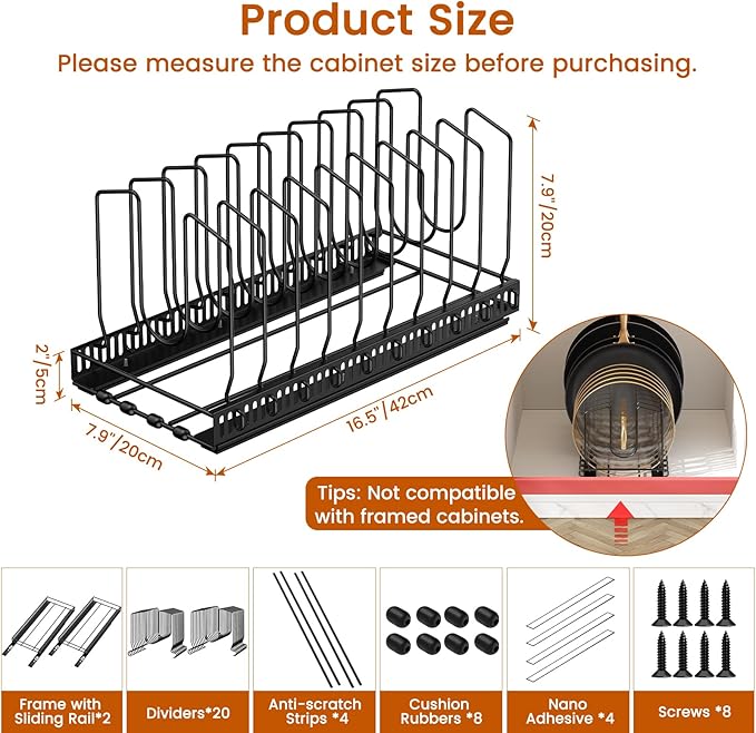 Housolution 2 Pack Pull Out Pot and Pan Organizer for Under Cabinet, Slide Out Pot Lid Organizer with 10 Adjustable Dividers, Sliding Pan Holder Storage Rack Inside Cabinet, Black