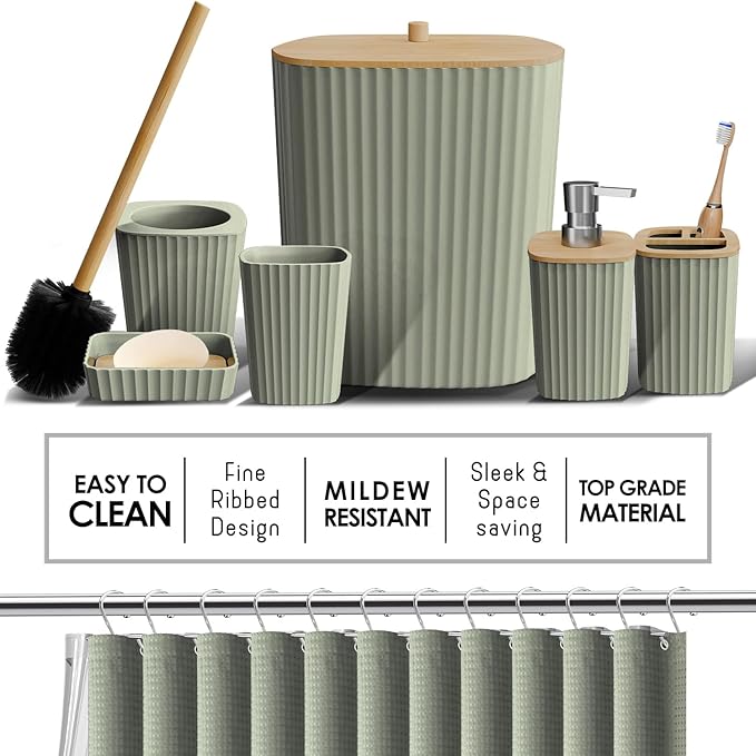 Clara Clark Bathroom Accessories Set - 27PC Bathroom Set with Adhesive Corner Shower Caddy Hanging, Bathroom Sets with Shower Curtain and Rugs, Sage Green Shower Curtain Set with Bathroom Trash Can