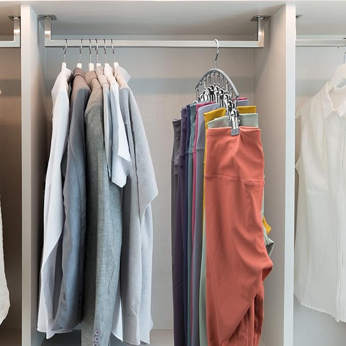 Legging Organizer for Closet, Metal Yoga Pants Hanger w/Rubber Coated 1 Pack w/10 Clips Hold 10 Leggings, Hangers Space Saving Hanging Closet Organizer for Closet Organizers and Storage-Gray