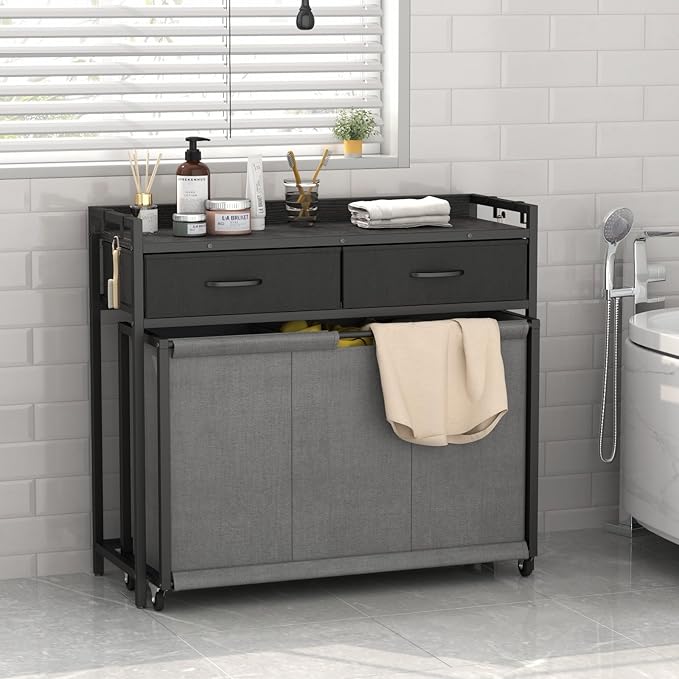 Laundry Hamper Laundry Basket with 3 Section Pull-Out Rolling Bags, Laundry Sorter for Organization and Storage with 2 Pull-Out Drawers for Laundry Room, Bathroom, Bedroom Use (Black)