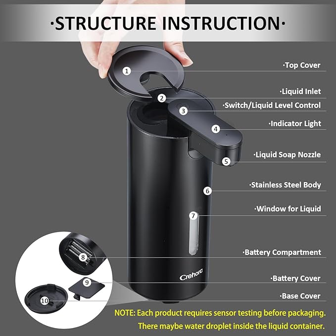 Automatic Soap Dispenser, Automatic Soap Dispenser Touchless, Kitchen & Bathroom, 3 Adjustable Volume for Liquid Soap, Water-Resistant, Hotel, Restaurant and School, Clog-Free, Black