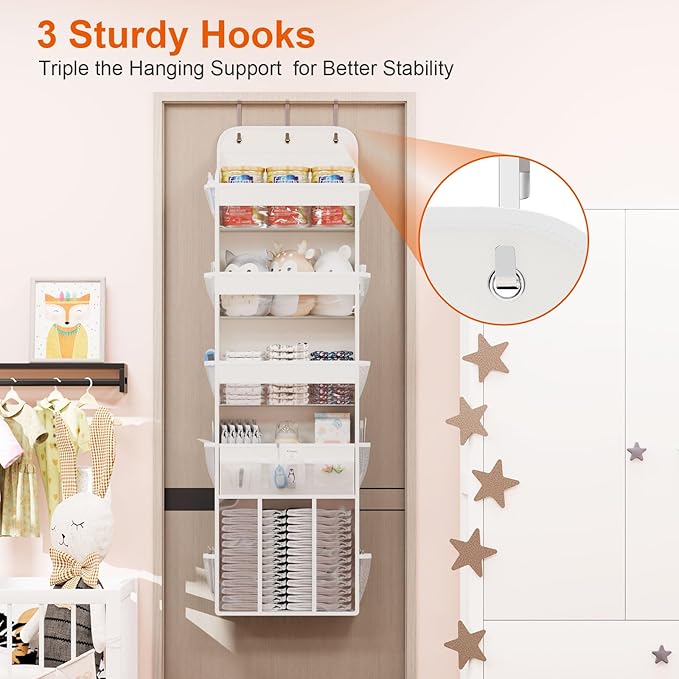 OneDream 5-Tier Over the Door Organizer with Removable Storage Caddy, Baby Clothes Organizer for Nursery, Hanging Behind Door Storage with Clear Pockets and Side Mesh Compartments, Beige