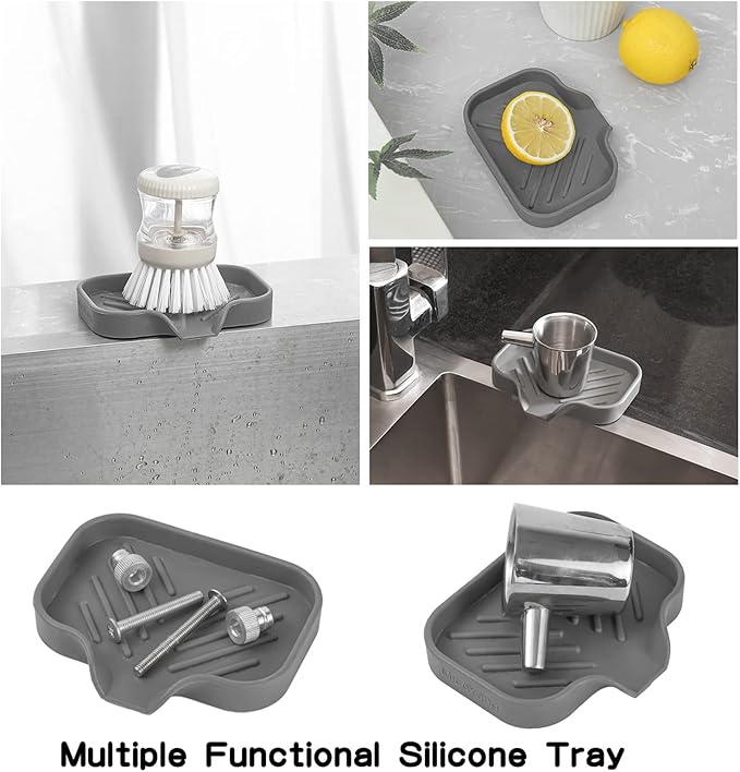 MicoYang Silicone Bathroom Soap Dishes with Drain Spout-Bathroom and Kitchen Sink Organizer,Sponge Holder,Dish Soap Tray,Perfect for Dispenser,Scrubber,Bottle,Cup on Sink or Counter-Grey 4.9"×3.2"