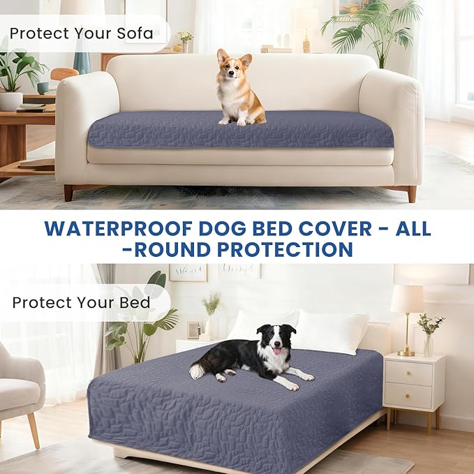 Waterproof Dog Blanket, Non-Slip Soft Pet Bed Cover, Couch Cover for Dogs Washable, Protects Sofa, Furniture, Crate, Car, Tear Resistant Leakproof Pet Blanket (82x82 Inch, Grey Blue)