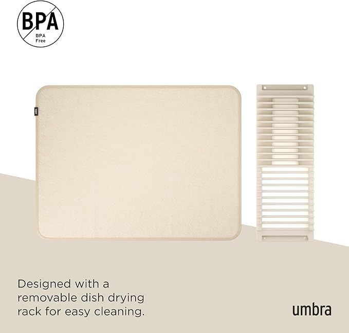 Umbra 330720-354 UDRY Rack and Microfiber Dish Drying Mat-Space-Saving Lightweight Design Folds Up for Easy Storage, Standard, Linen