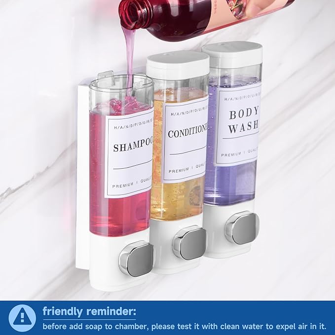 Shower Soap Dispenser Wall Mounted No Drill Shampoo Dispenser for Shower Wall Shampoo and Conditioner Dispenser Bathroom Hote 3 * 300ml White with 3 Labels