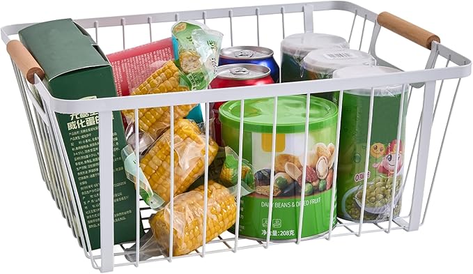 LeleCAT Wire Baskets with Wooden Handle ,Metal Wire Storage Baskets Country Vintage Style Storage Baskets.Storage bins for Kitchen,Bedroom,Bathroom,White,Set of 2