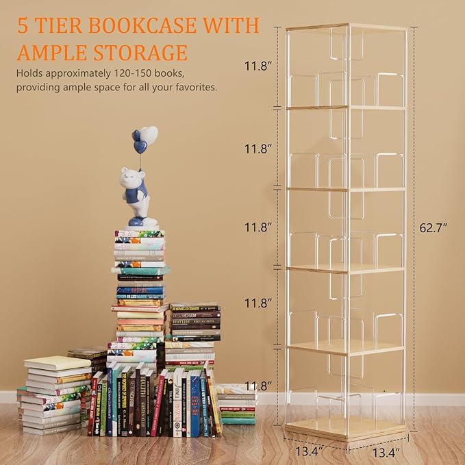 360° Rotating Bookshelf, 5-Tier Spinning Book Shelf Tower with Solid Wood & Clear Acrylic, Square Revolving Bookcase for Living Room, Bedroom and Office