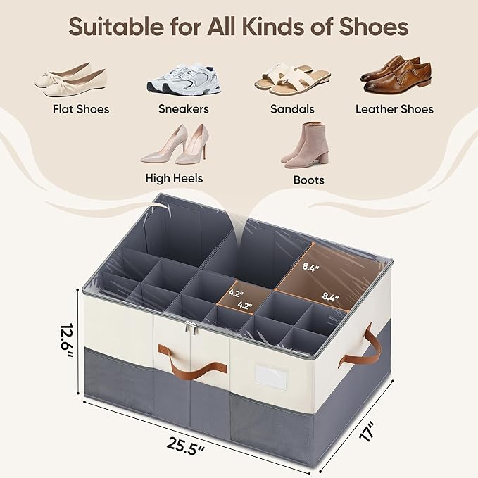 Shoe Organizer for Closet, 2 Pack Shoe Storage Containers with Adjustable Dividers, Space Saving Shoe Box Storage Organizers Bins with Clear Lid & 4 Handles, Fits 24-48 Pairs, Beige & Grey