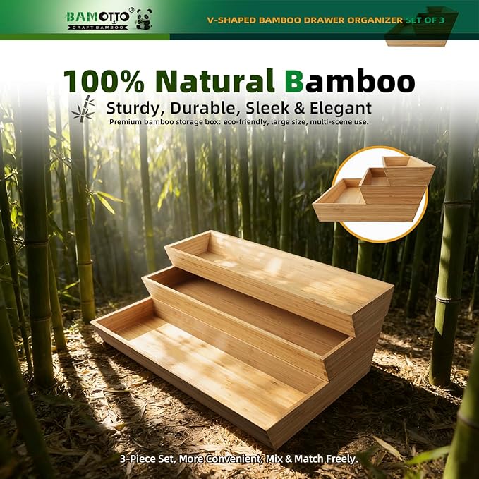 V-Shaped 3-Pack 19.6" Long Bamboo Drawer Organizer Box - Easy Reach Cutlery Tray for Flatware Silverware Utensil, Kitchen & Home Use (19.6"x5.7"/19.6"x7.8"/19.6"x12.4")