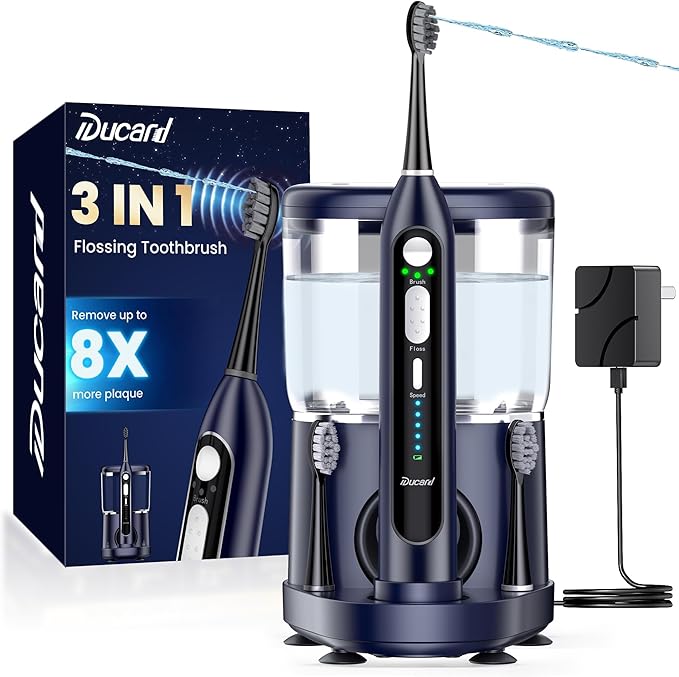 Electric Toothbrush with Water Flosser Combo: 3 in 1 Rechargeable Flossing Toothbrush for Adults, 3 Brush Modes & 5 Water Pressure, Portable&Whitening Dental Care, 500ML Cordless Brush Cleaning Kit